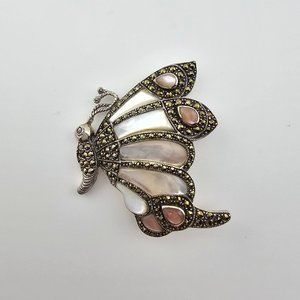 Vintage Sterling Silver Marcasite & Mother of Pearl Butterfly Brooch